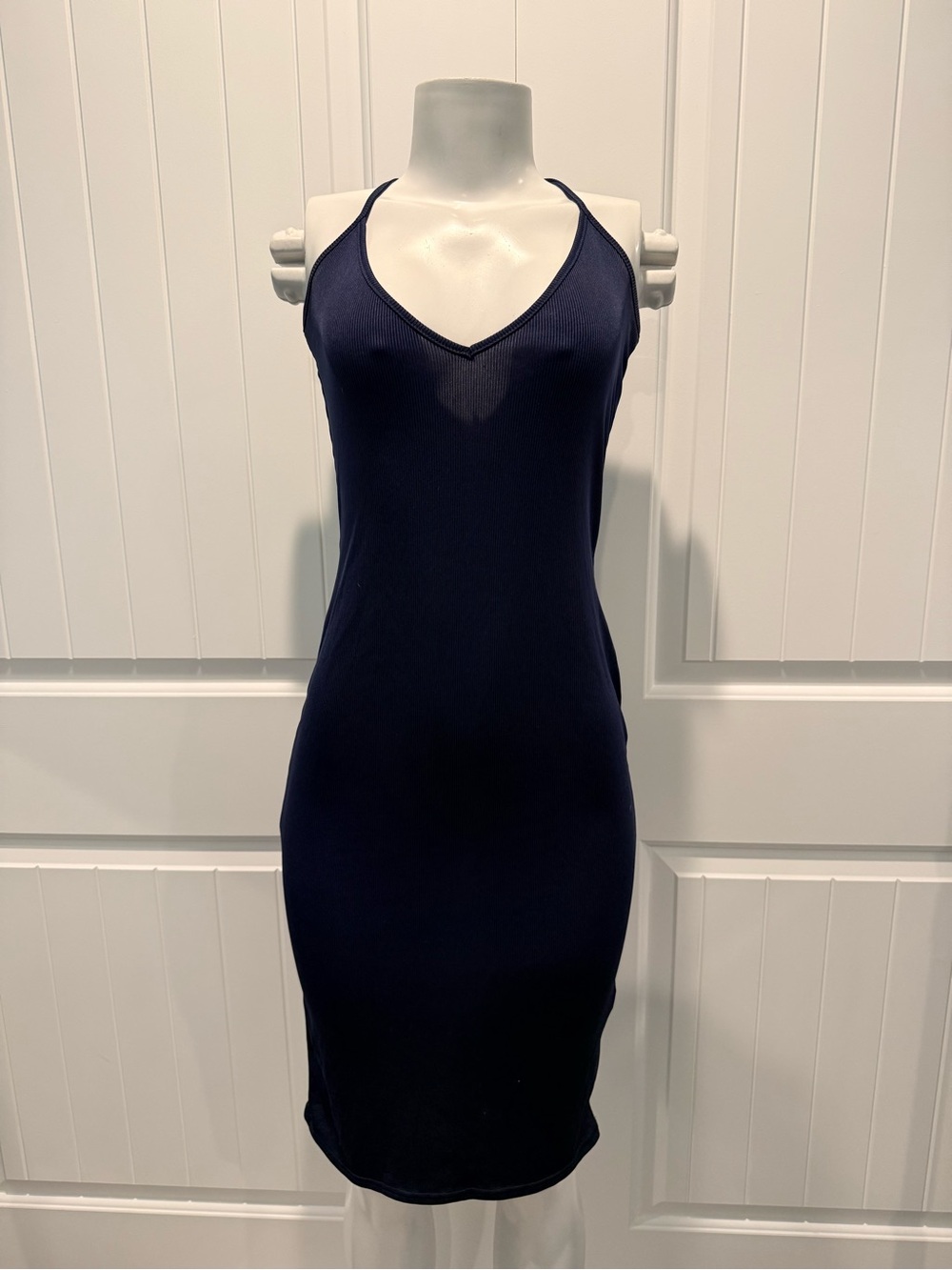 PrettyLittleThing Navy Ribbed Spaghetti Strap Dress
